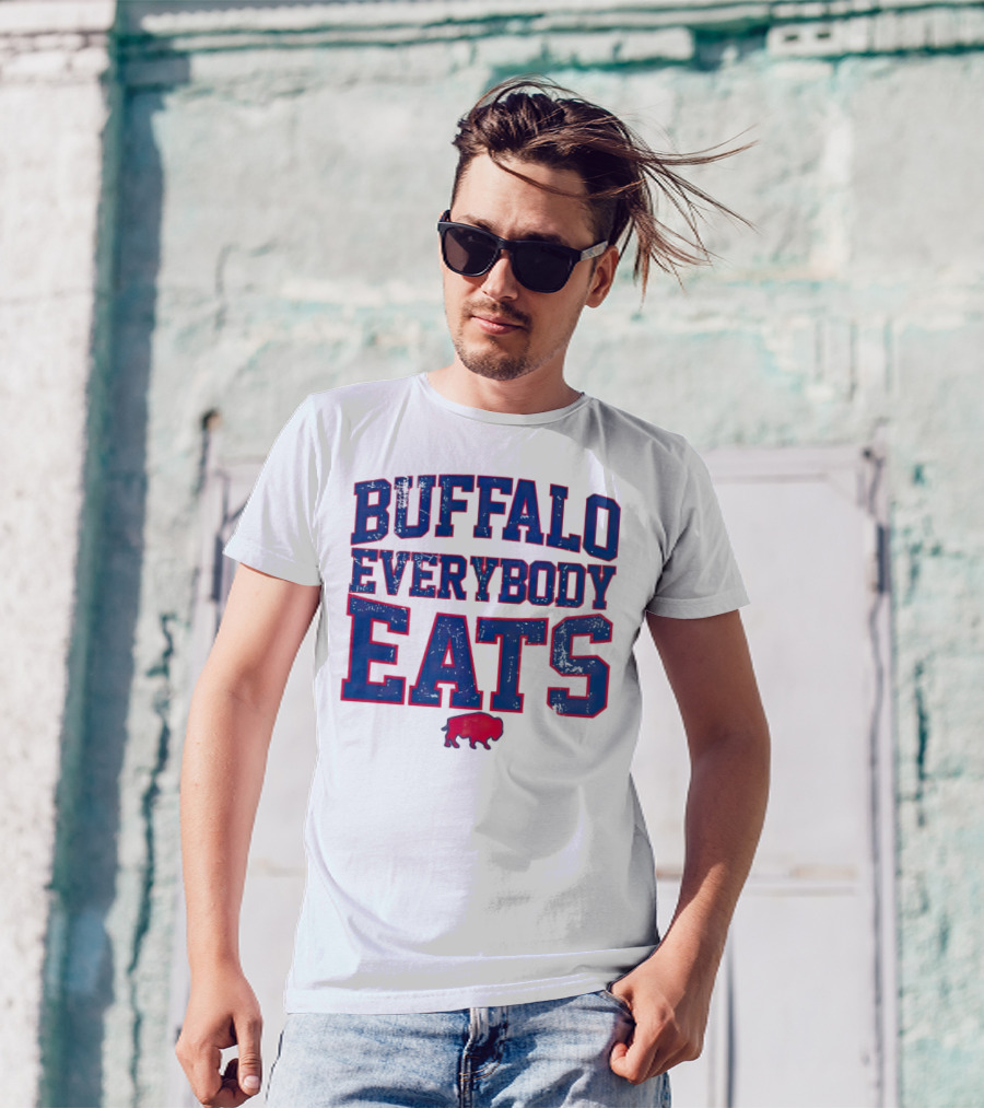Buffalo Everybody Eats Red Bison Icon Bold Blue Letters T-Shirt