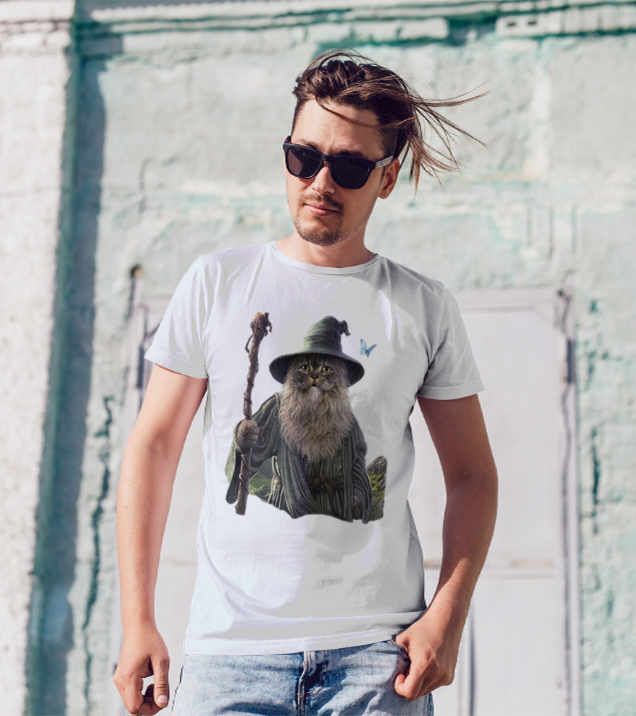 Cat The Mountain Wizard Catdalf Cat With Staff And Hat T-Shirt