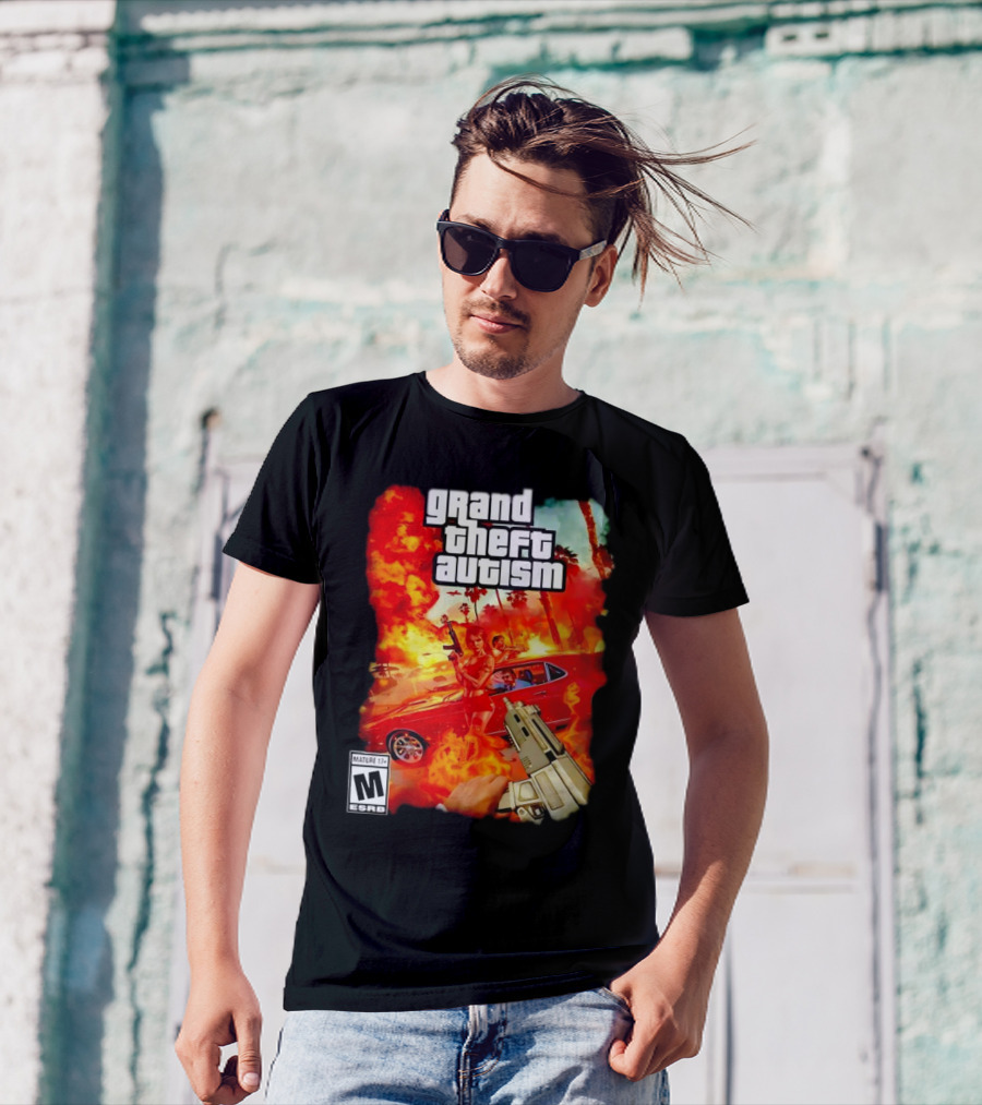 Grand Theft Autism Video Game Cover Parody With Car And Weapon T-Shirt