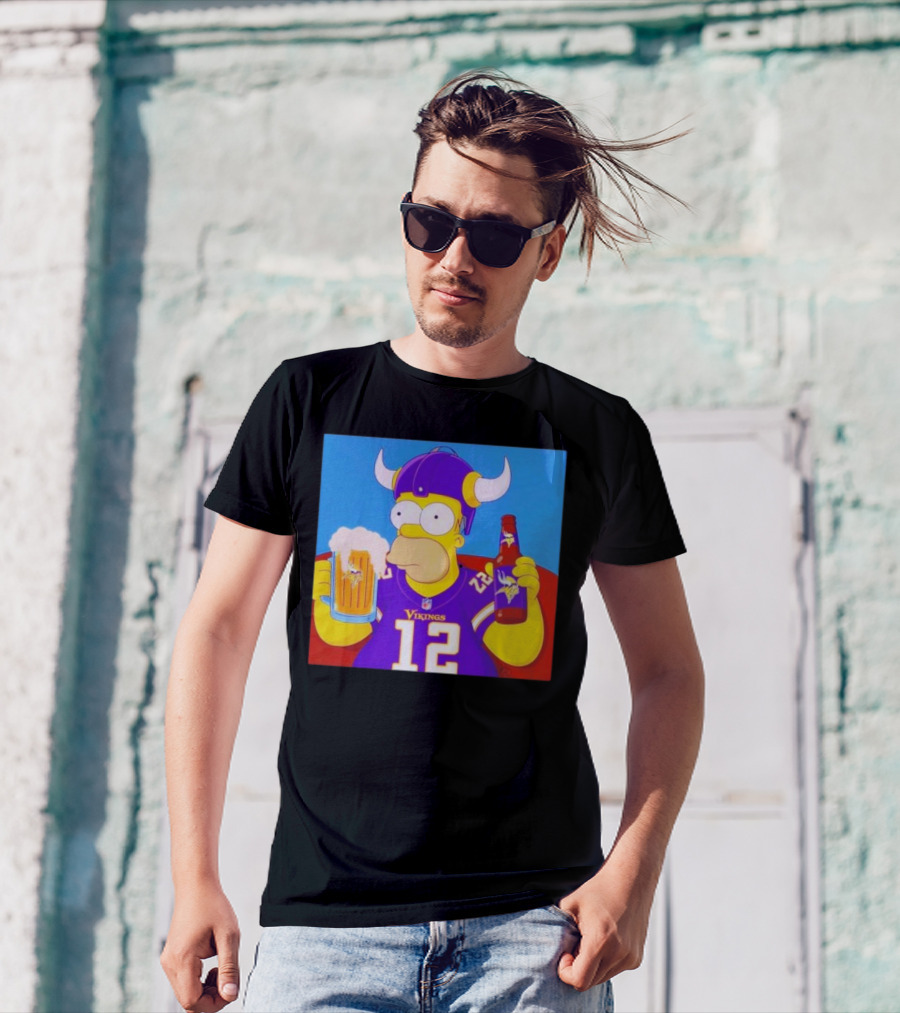 Homer Simpson In Minnesota Vikings Gear Drinking Beer T-Shirt