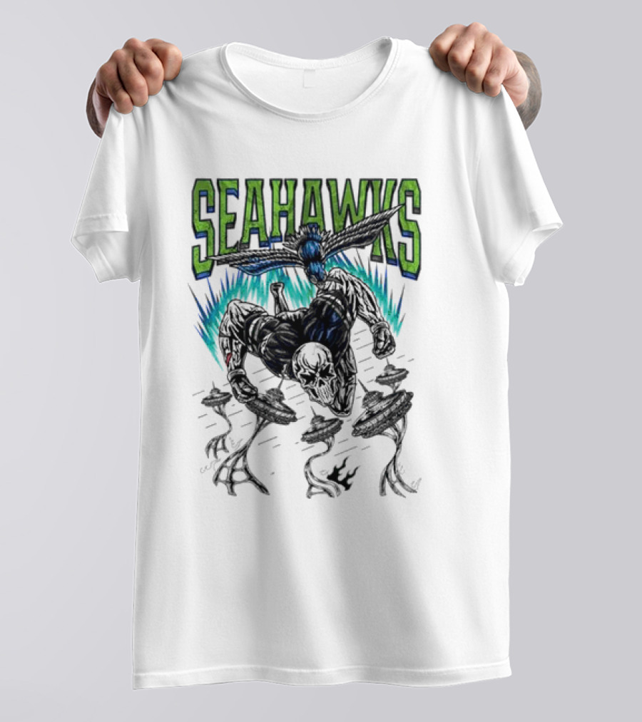 Seattle Seahawks Skeleton With Winged Bird And Blue Flames T-Shirt