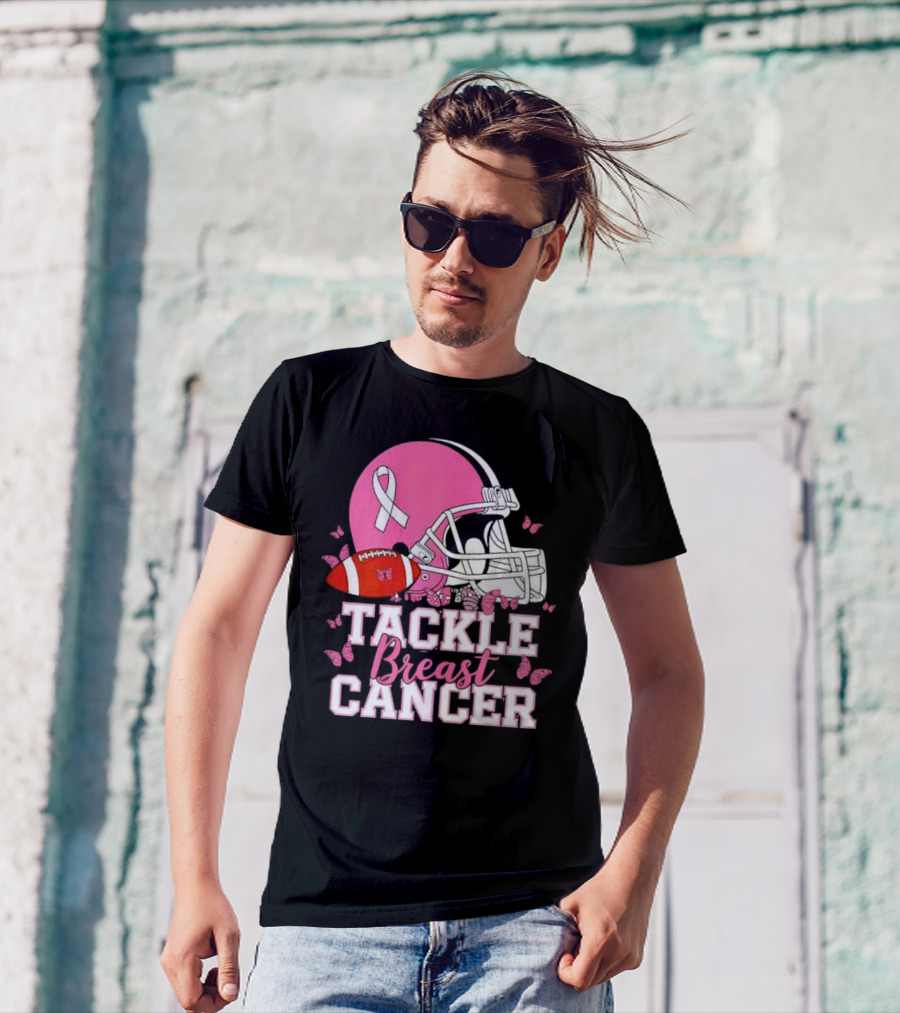 Tackle Breast Cancer Awareness Pink Football Helmet Ribbon Butterflies T-Shirt