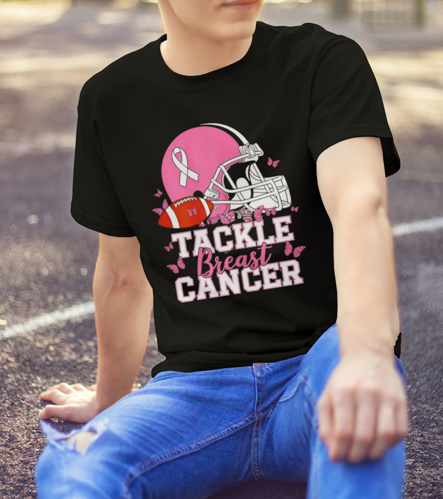 Tackle Breast Cancer Awareness Pink Football Helmet Ribbon Butterflies T-Shirt