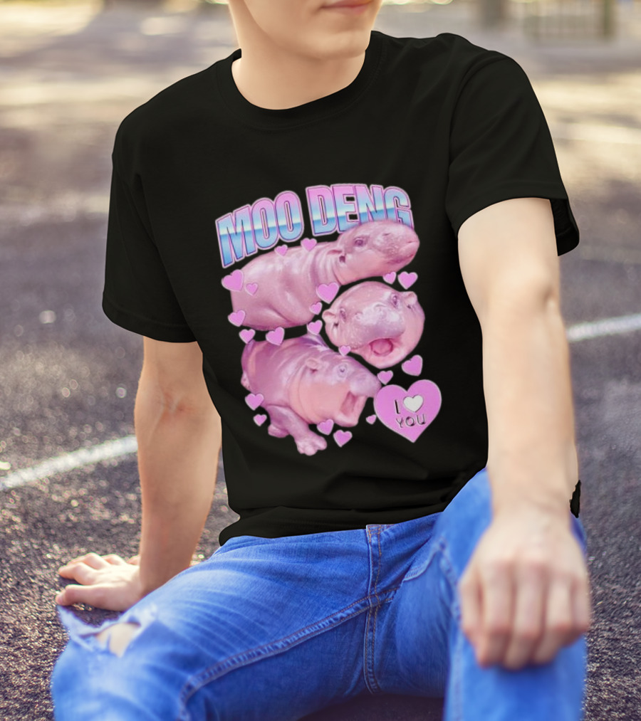 Moo Deng I Love You Pink Hippo Hearts T-Shirt