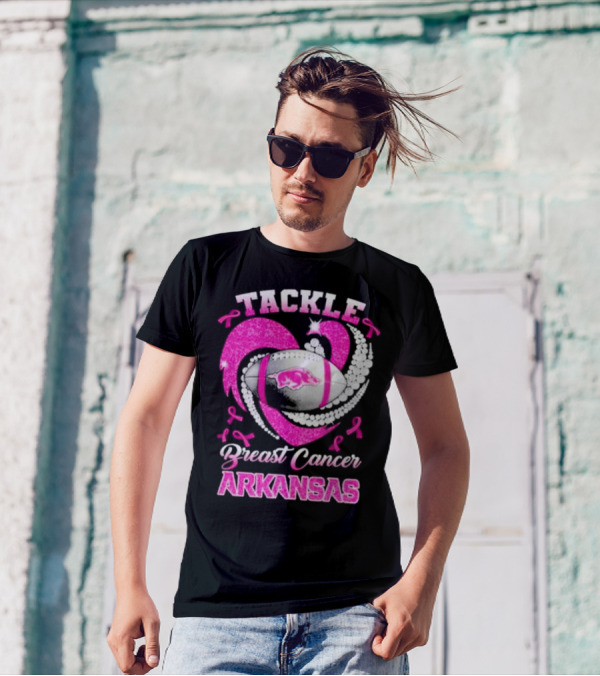 Arkansas Razorbacks Tackle Breast Cancer Pink Ribbon Heart Football T-Shirt