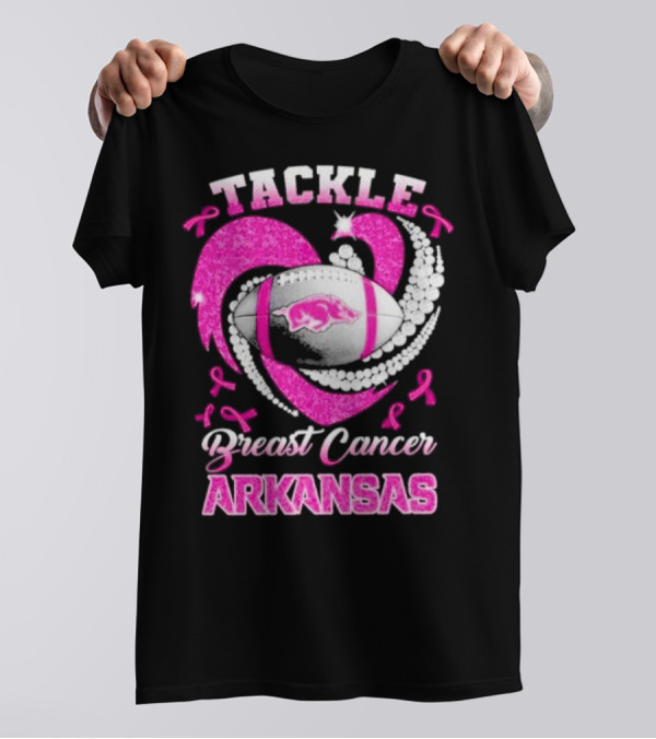 Arkansas Razorbacks Tackle Breast Cancer Pink Ribbon Heart Football T-Shirt