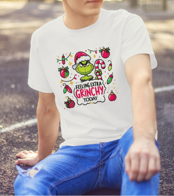Feeling Extra Grinchy Today Christmas Grinch Santa Hat Candy Cane Ornaments T-Shirt