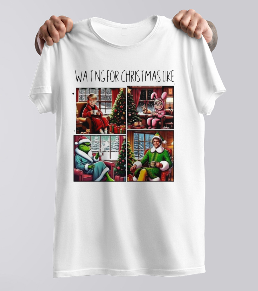 Waiting For Christmas Like Iconic Holiday Characters With Christmas Tree And Cozy Living Room Scene T-Shirt