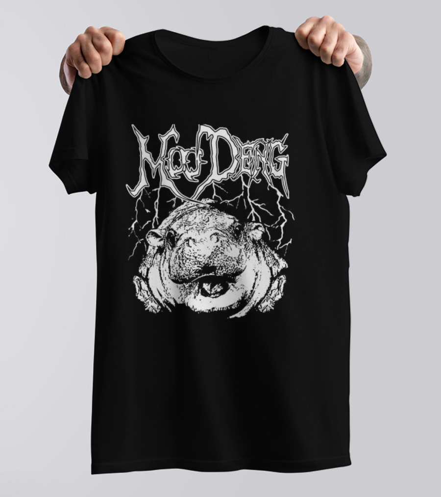 Moo Deng Hippo Metal Illustration With Lightning Background T-Shirt