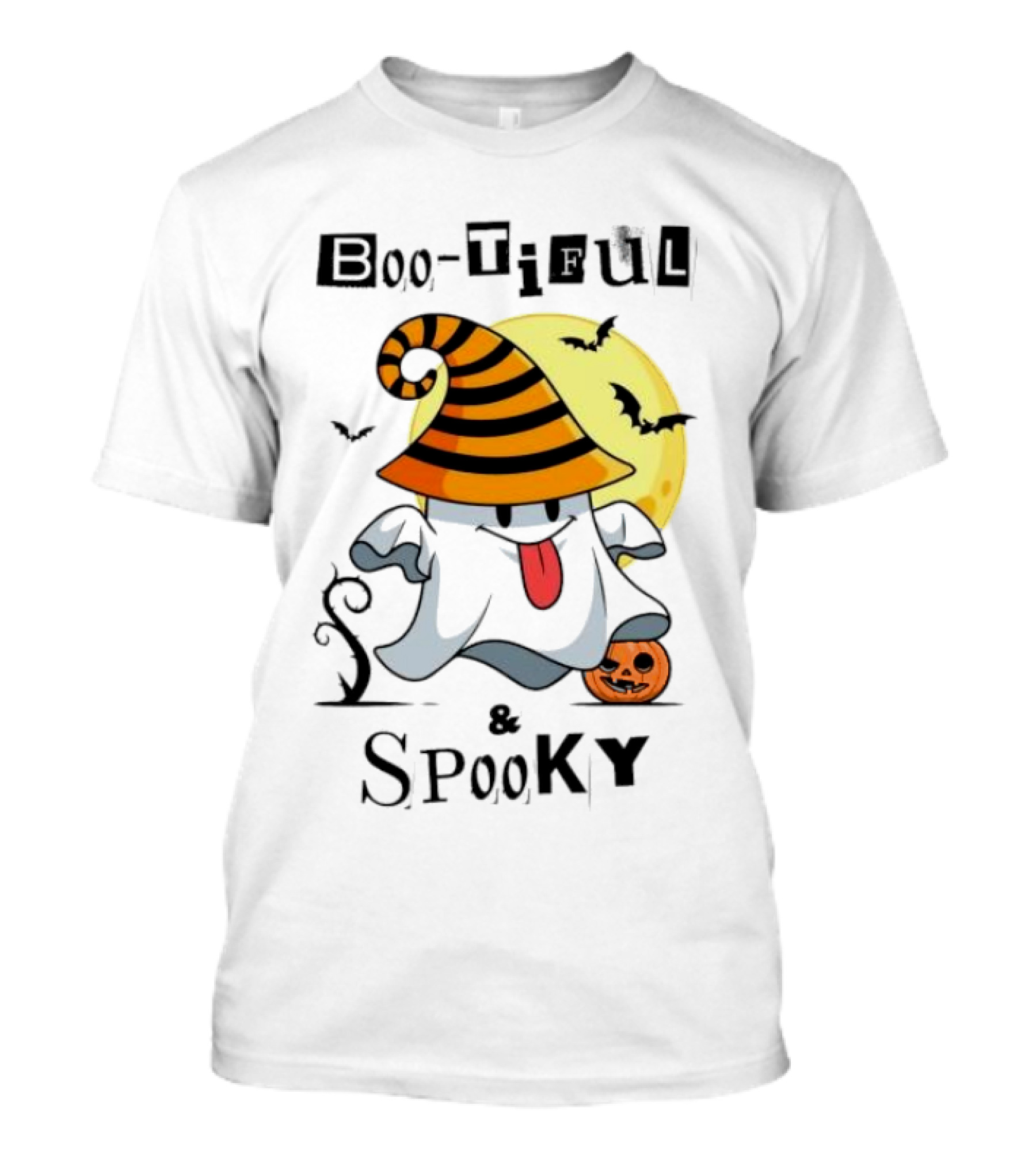 Boo-tiful And Spooky Halloween Ghost With Witch Hat And Full Moon T-Shirt