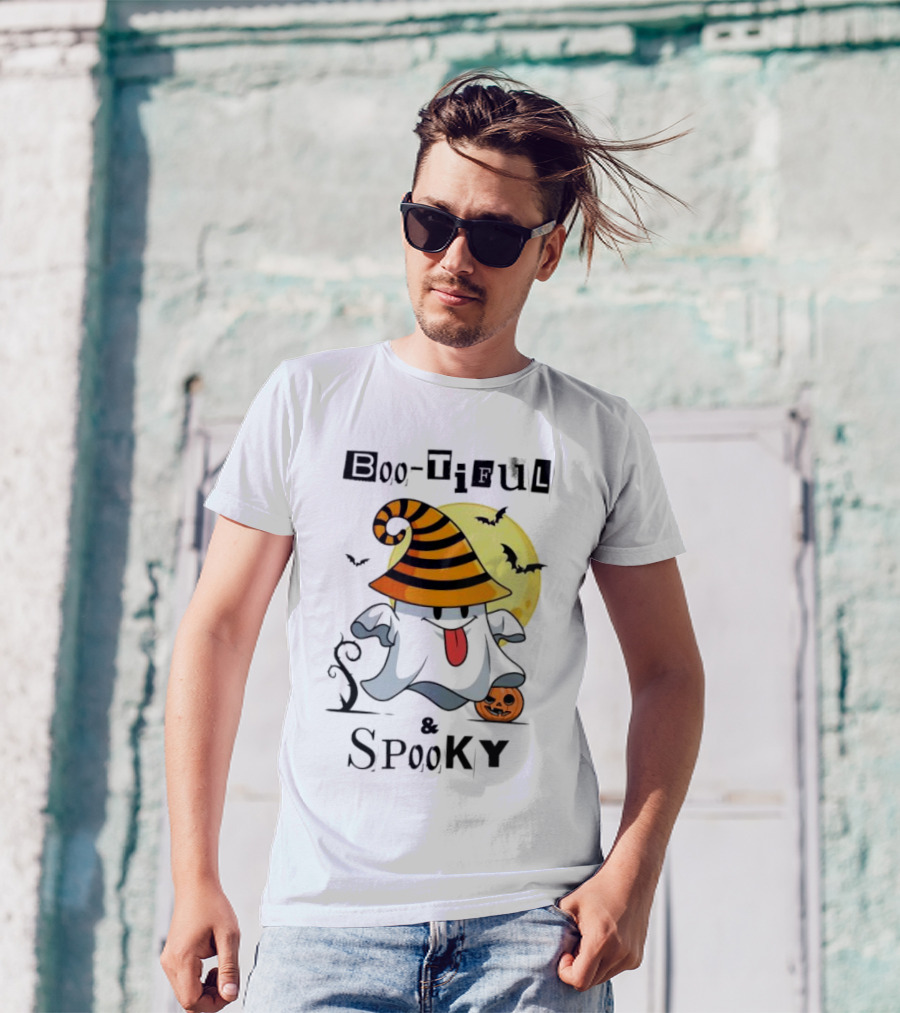 Boo-tiful And Spooky Halloween Ghost With Witch Hat And Full Moon T-Shirt