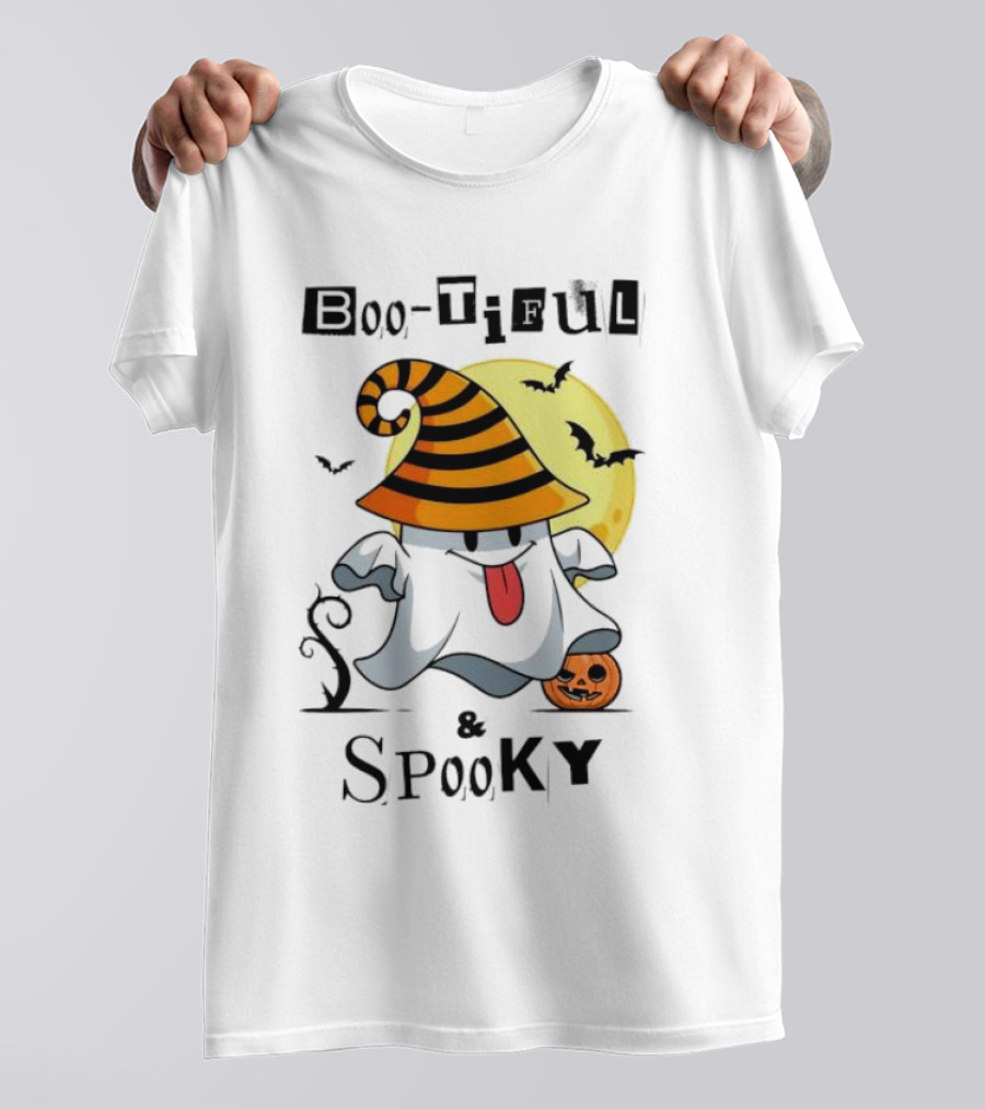 Boo-tiful And Spooky Halloween Ghost With Witch Hat And Full Moon T-Shirt