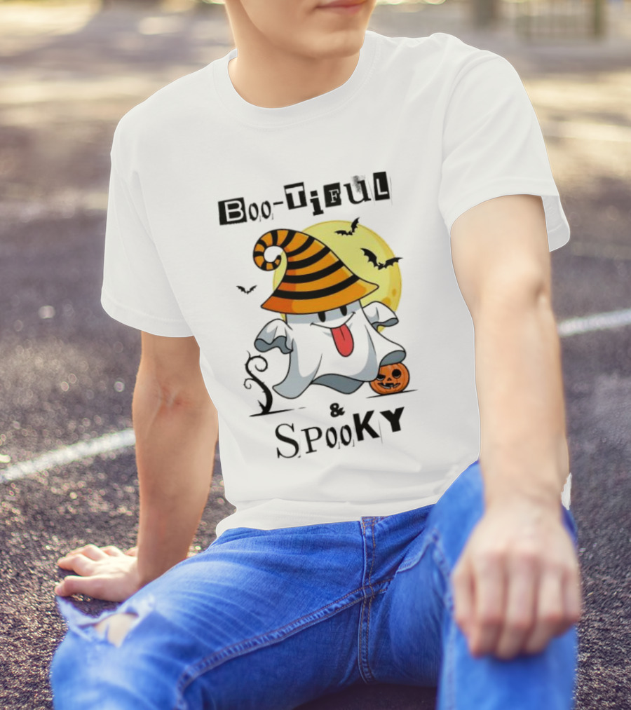 Boo-tiful And Spooky Halloween Ghost With Witch Hat And Full Moon T-Shirt