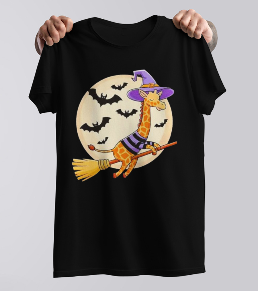 Giraffe Riding Witch Broom With Bats And Full Moon Halloween T-Shirt