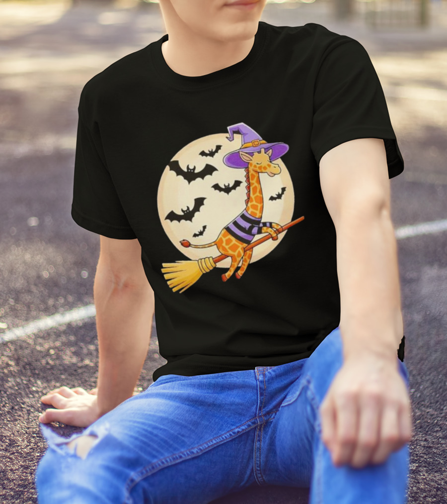 Giraffe Riding Witch Broom With Bats And Full Moon Halloween T-Shirt