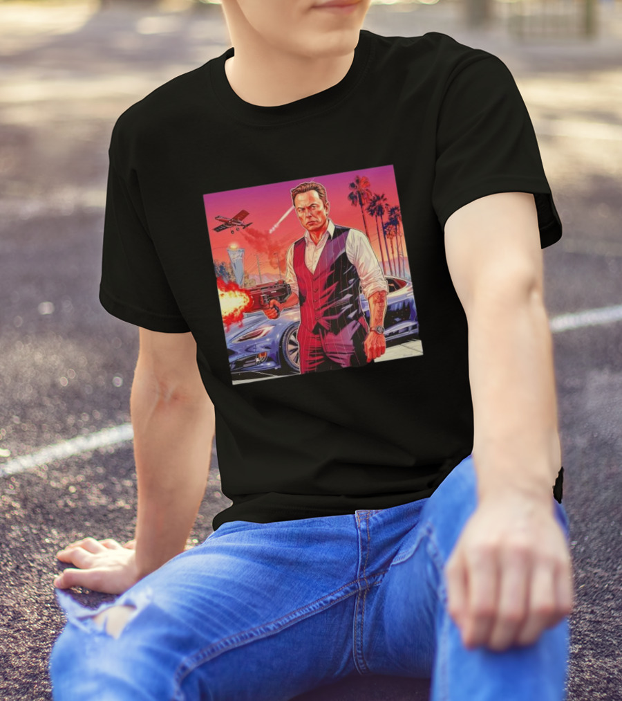 Grand Theft Auto Elon Musk Sunset Shootout With Palm Trees And Jetstream T-Shirt