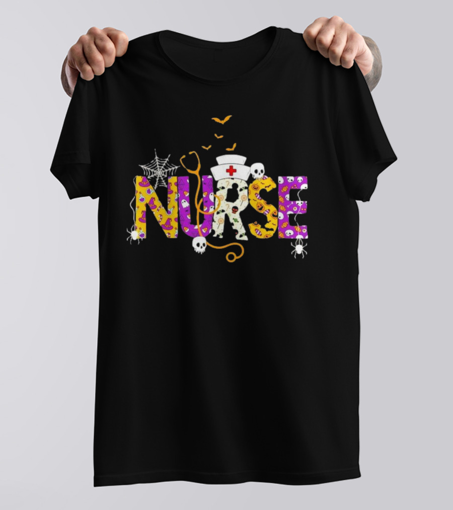 Nurse Halloween Spiders Web Skulls Bats T-Shirt
