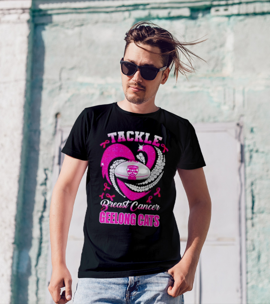 Tackle Breast Cancer Geelong Cats Pink Ribbon Football Heart T-Shirt