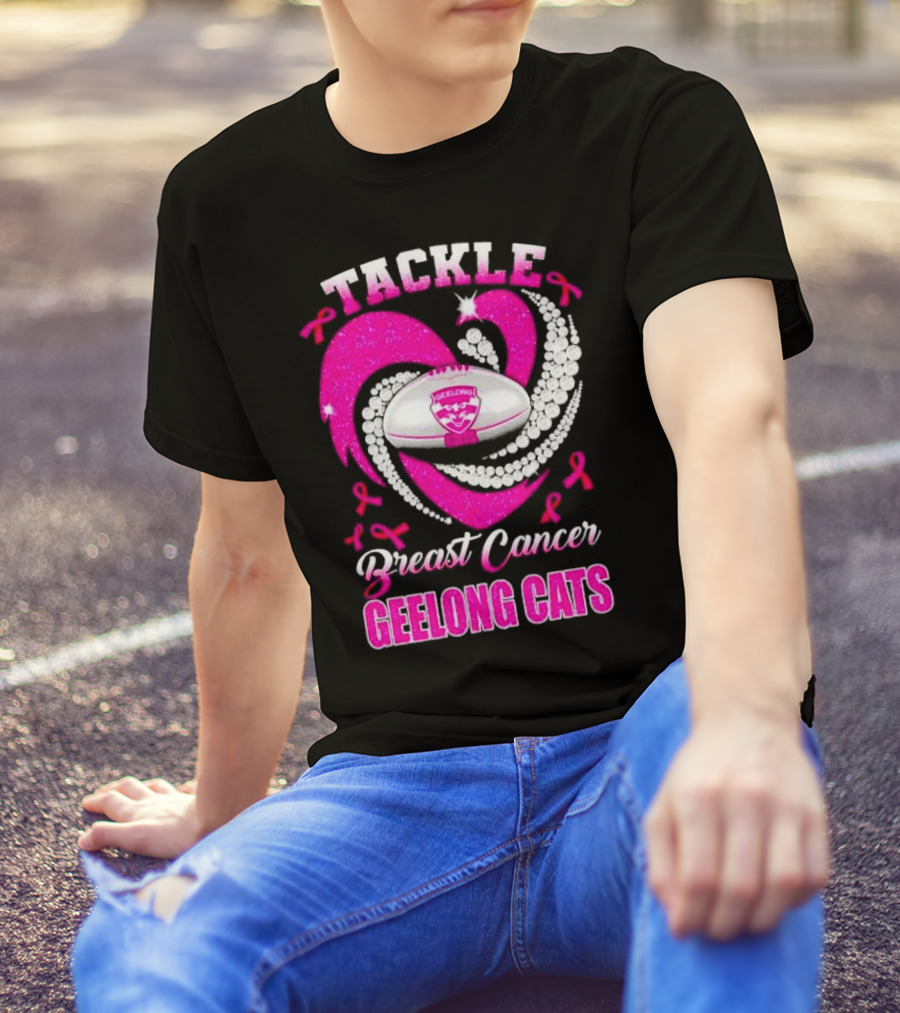 Tackle Breast Cancer Geelong Cats Pink Ribbon Football Heart T-Shirt