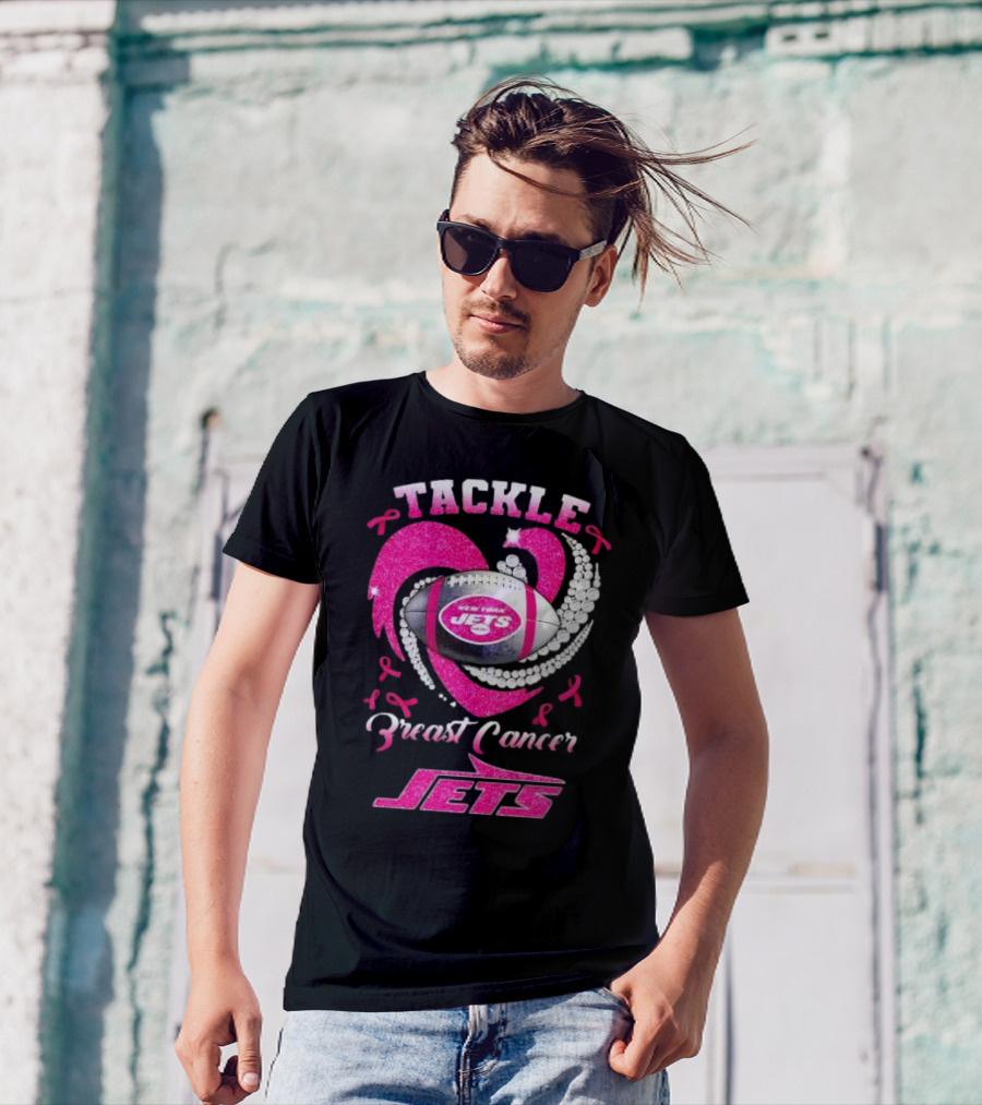 Tackle Breast Cancer New York Jets Football Heart Pink Ribbons T-Shirt