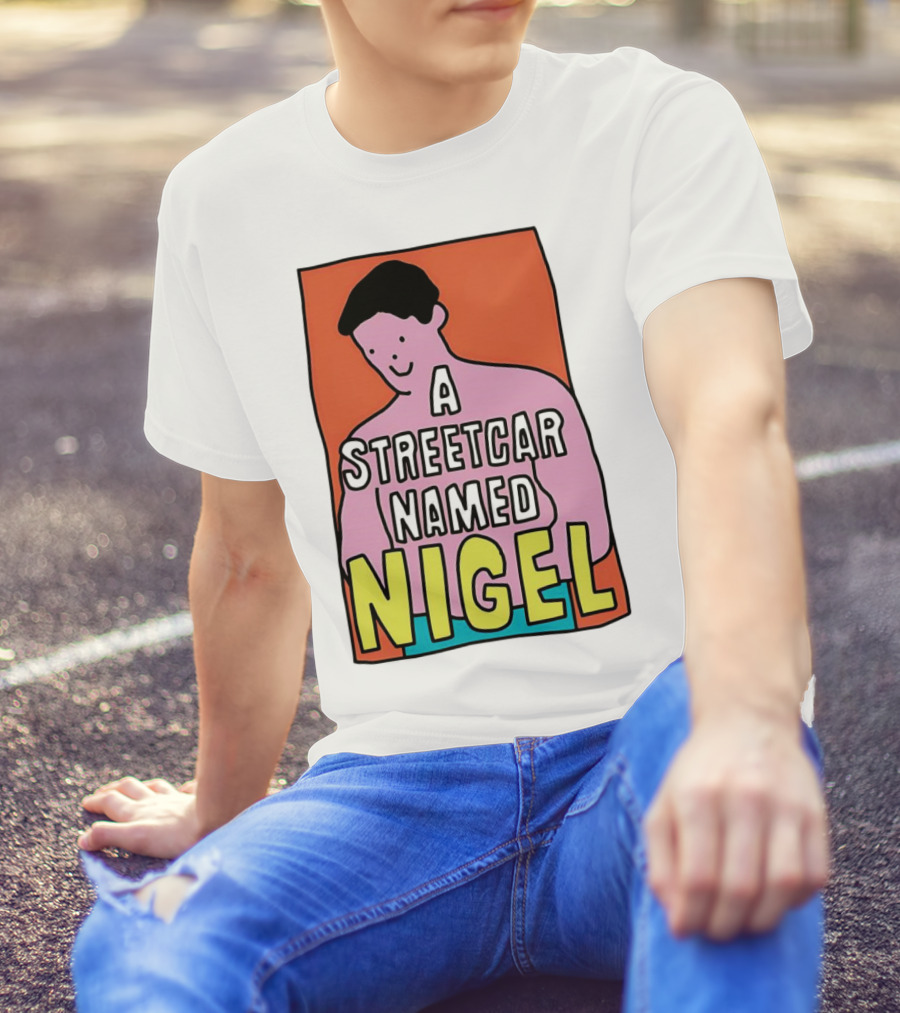 A Streetcar Named Nigel Pink Cartoon Character With Orange Background T-Shirt