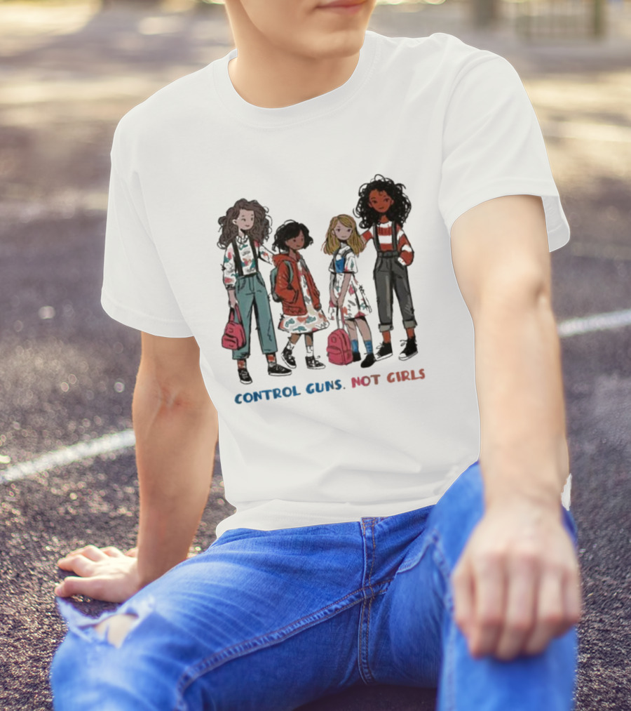 CONTROL GUNS NOT GIRLS WITH FOUR DIVERSE GIRLS HOLDING BACKPACKS T-Shirt