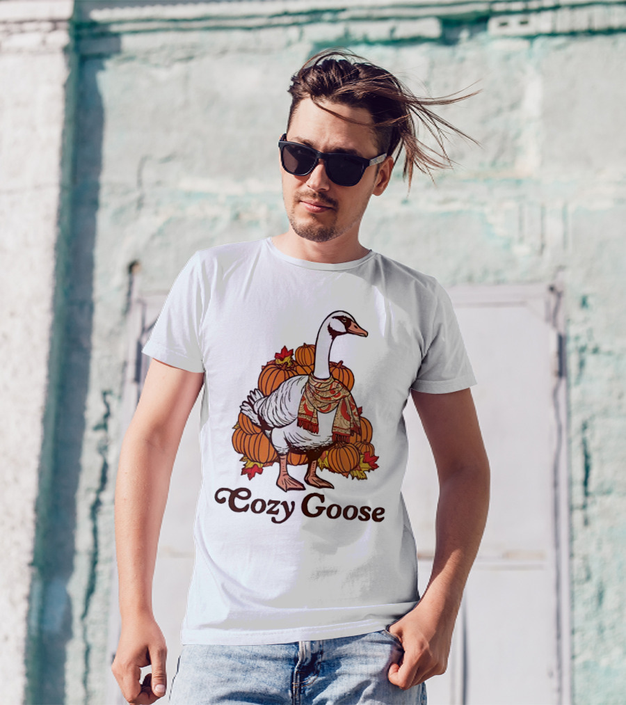 Cozy Goose With Pumpkins Halloween Scarf T-Shirt