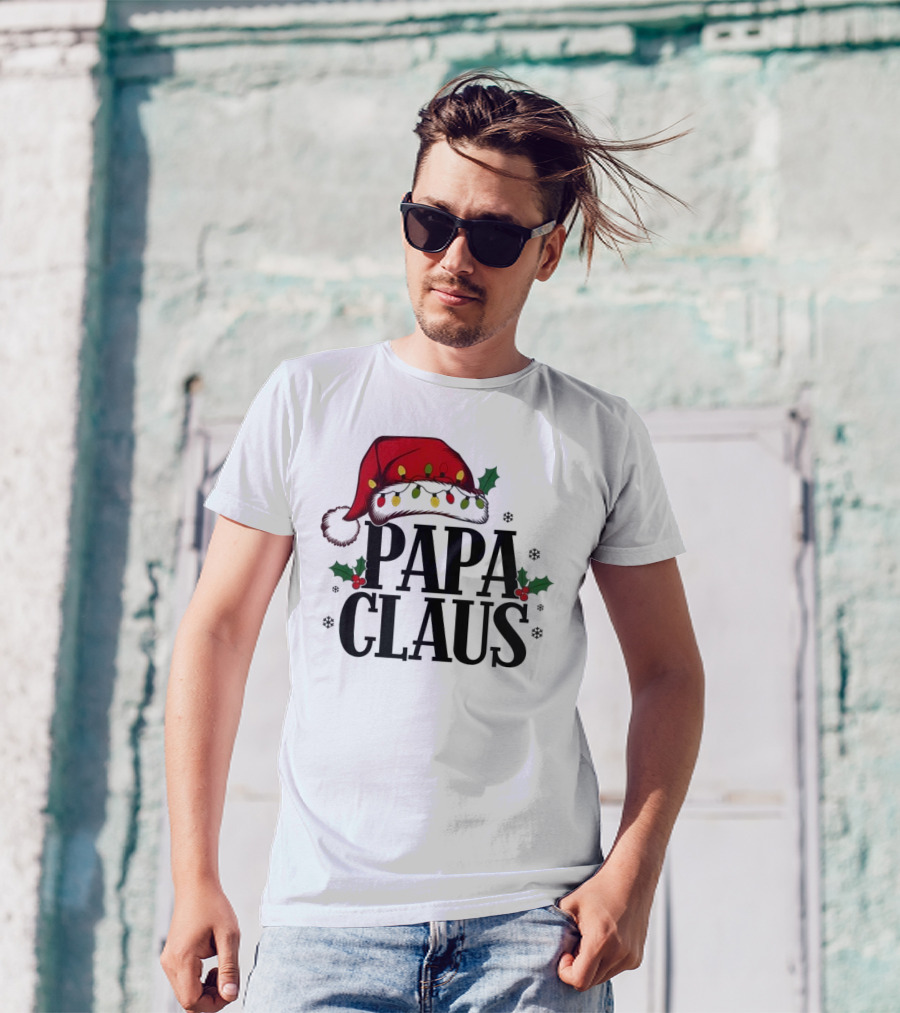 Papa Claus Christmas Santa Hat Holly Lights Snowflakes T-Shirt