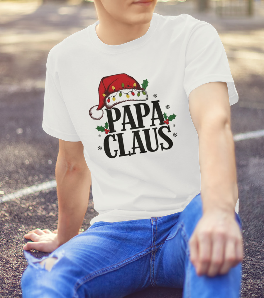 Papa Claus Christmas Santa Hat Holly Lights Snowflakes T-Shirt