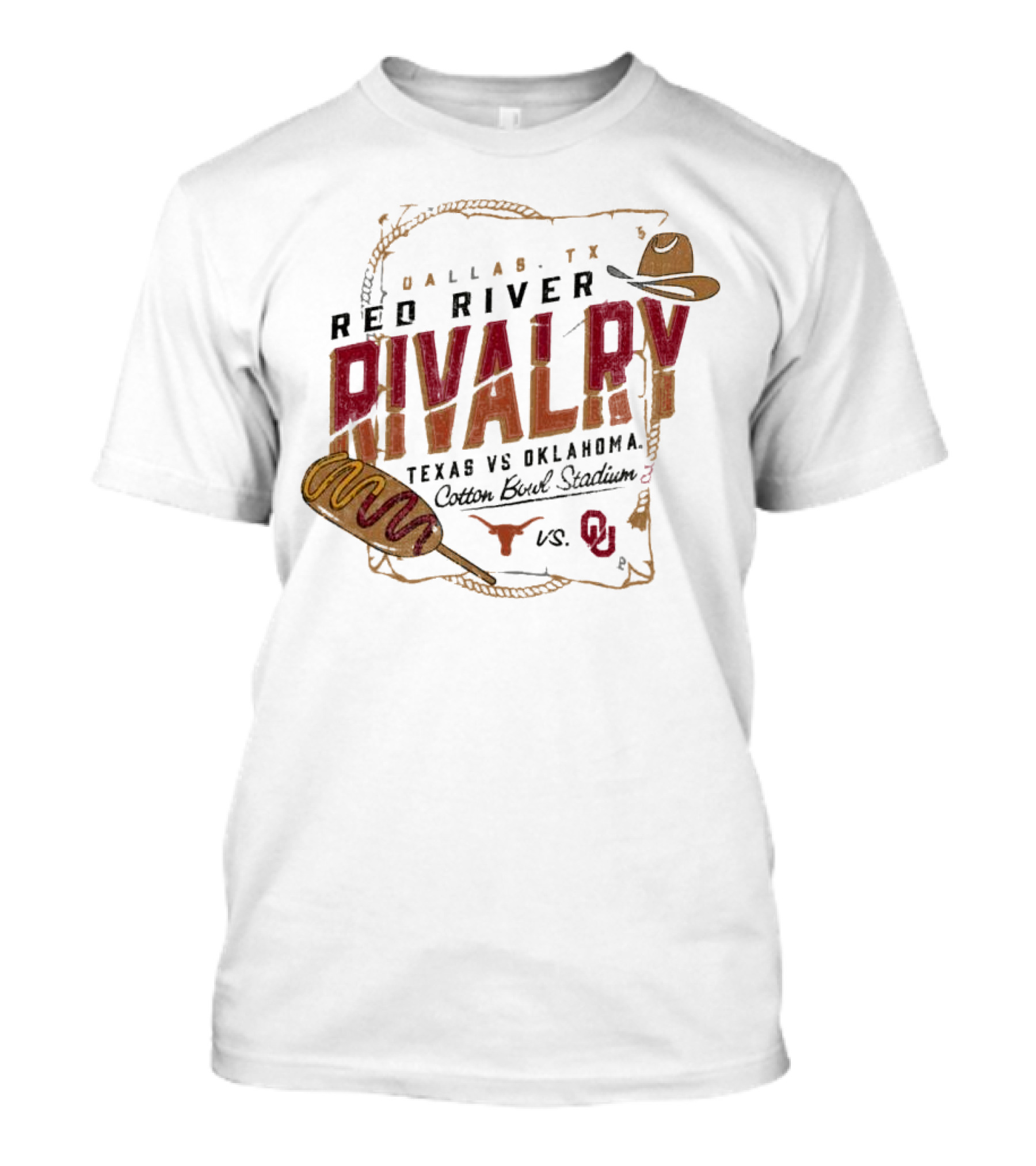 Dallas TX Red River Rivalry Texas Vs Oklahoma Cotton Bowl Stadium Corn Dog Match Up T-Shirt