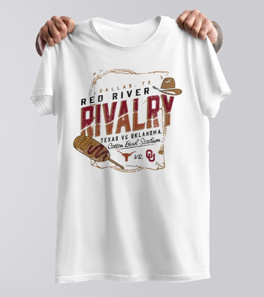 Dallas TX Red River Rivalry Texas Vs Oklahoma Cotton Bowl Stadium Corn Dog Match Up T-Shirt
