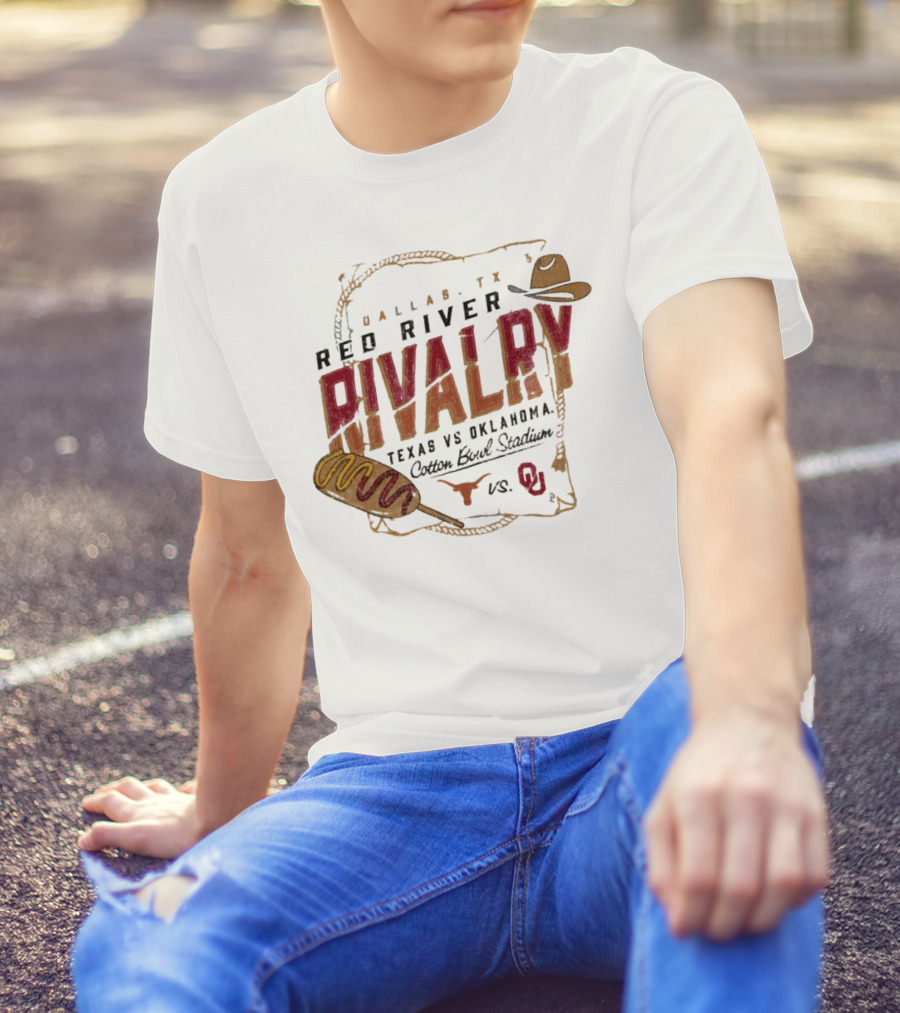 Dallas TX Red River Rivalry Texas Vs Oklahoma Cotton Bowl Stadium Corn Dog Match Up T-Shirt