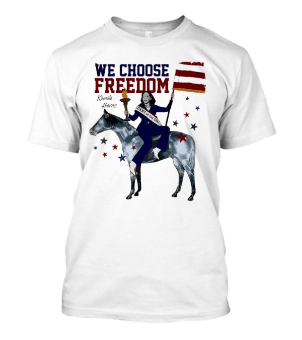 We Choose Freedom Kamala Harris Cartoon Riding Horse With American Flag And Torch T-Shirt