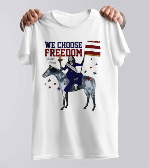 We Choose Freedom Kamala Harris Cartoon Riding Horse With American Flag And Torch T-Shirt