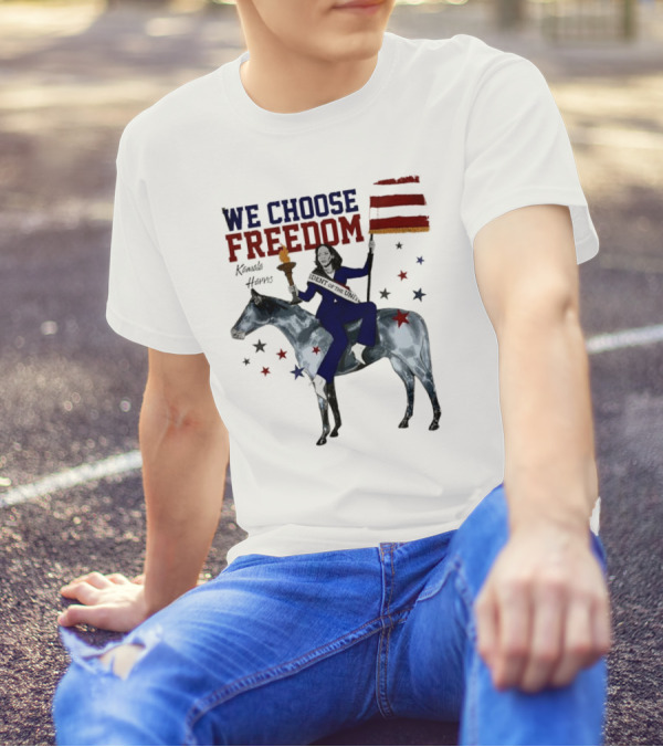 We Choose Freedom Kamala Harris Cartoon Riding Horse With American Flag And Torch T-Shirt
