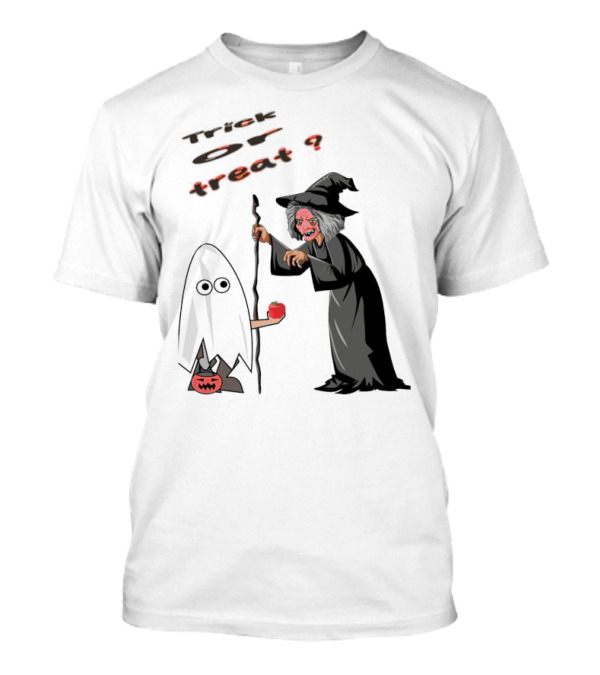 Trick Or Treat Witch With Boo Ghost And Red Apple Halloween T-Shirt