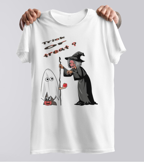 Trick Or Treat Witch With Boo Ghost And Red Apple Halloween T-Shirt