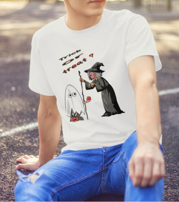 Trick Or Treat Witch With Boo Ghost And Red Apple Halloween T-Shirt