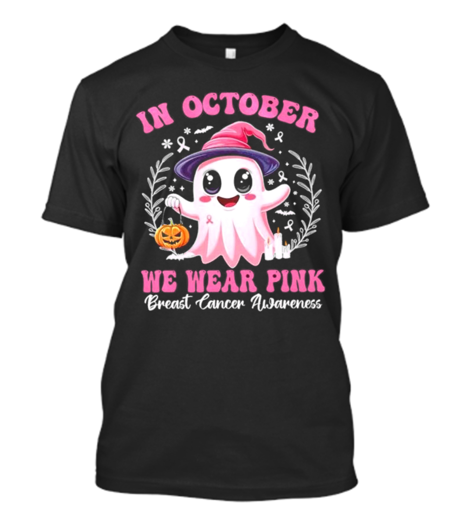 In October We Wear Pink Breast Cancer Awareness Ghost Halloween T-Shirt