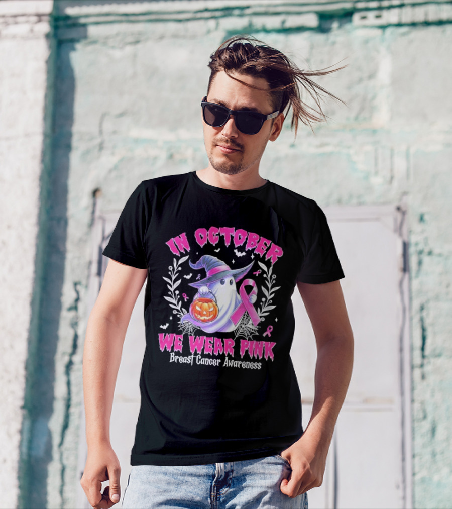In October We Wear Pink Breast Cancer Awareness Ghost With Pumpkin And Witch Hat T-Shirt