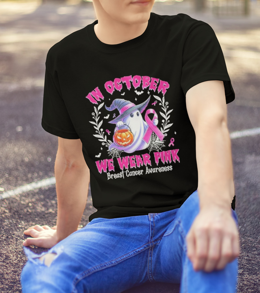 In October We Wear Pink Breast Cancer Awareness Ghost With Pumpkin And Witch Hat T-Shirt