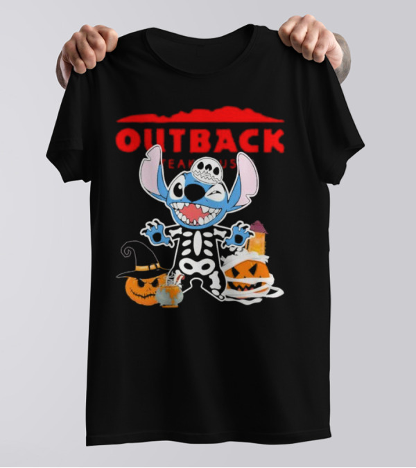 Outback Steakhouse Halloween Skeleton Stitch With Pumpkins T-Shirt