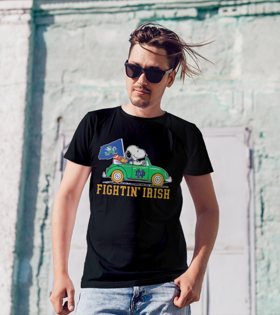 Snoopy And Woodstock Driving ND Car Fightin' Irish T-Shirt