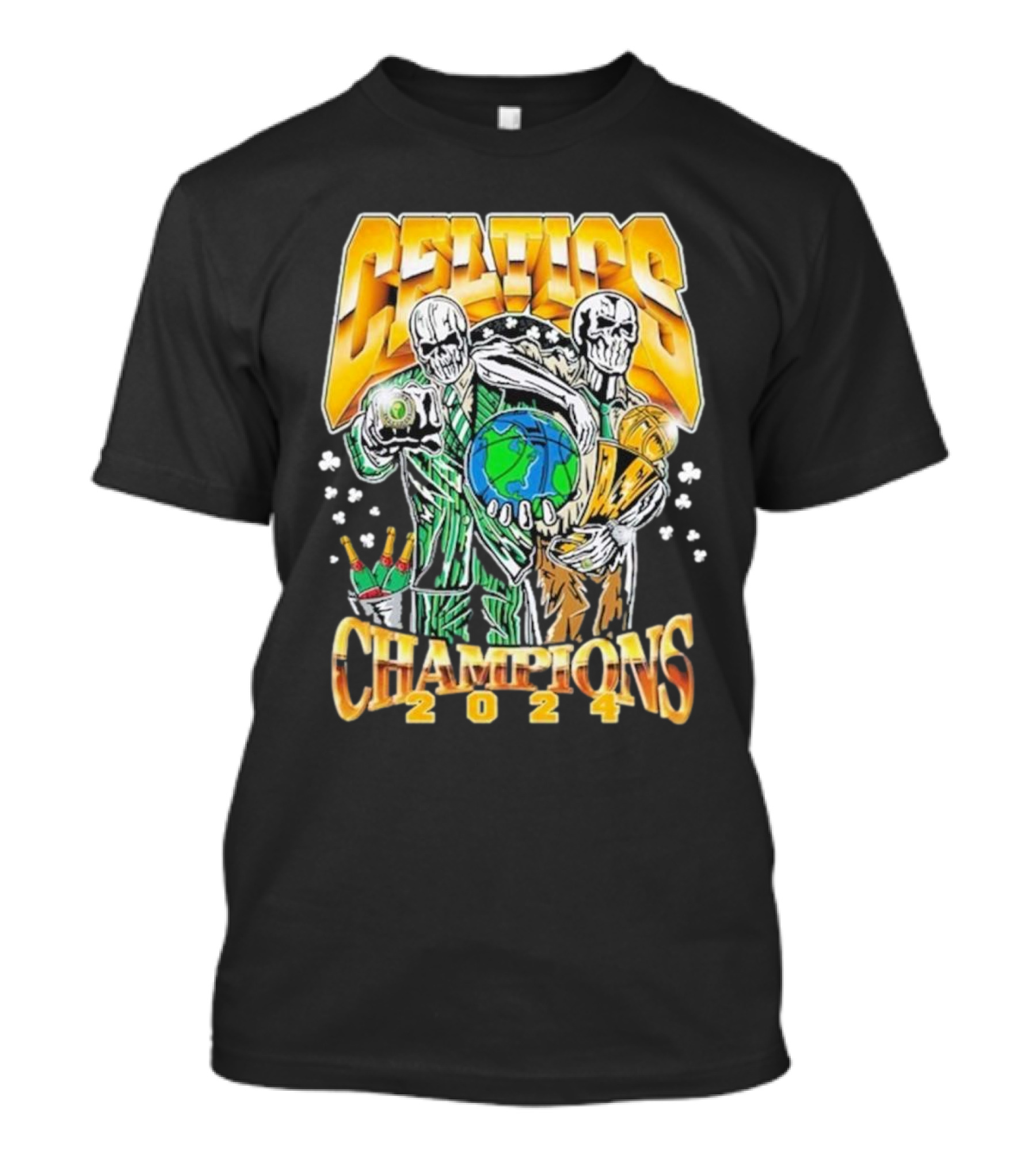Celtics Champions 2024 Skull Figures With Earth And Basketball Elements T-Shirt