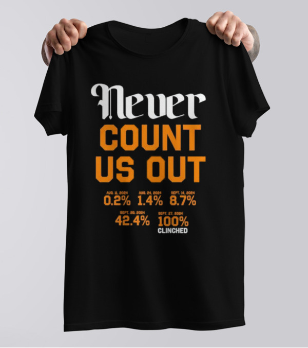 Never Count Us Out 100 Percents Clinched Detroit Tigers Baseball 2024 Dates Percentages T-Shirt