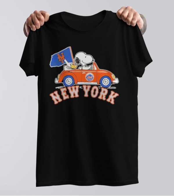 Snoopy Driving Car With New York Mets Flag T-Shirt