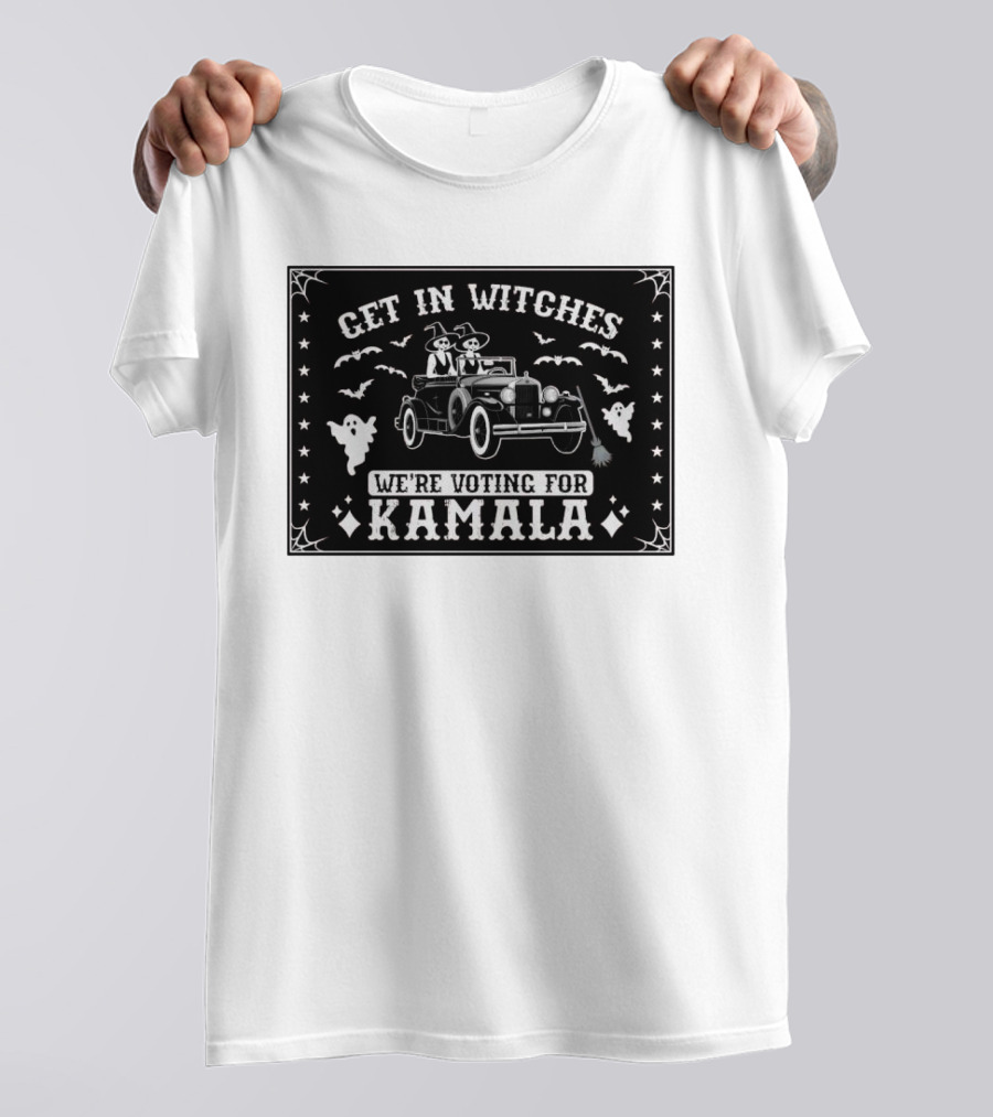 Get In Witches We're Voting For Kamala Halloween Ghosts Bats Car Witches Broomsticks T-Shirt