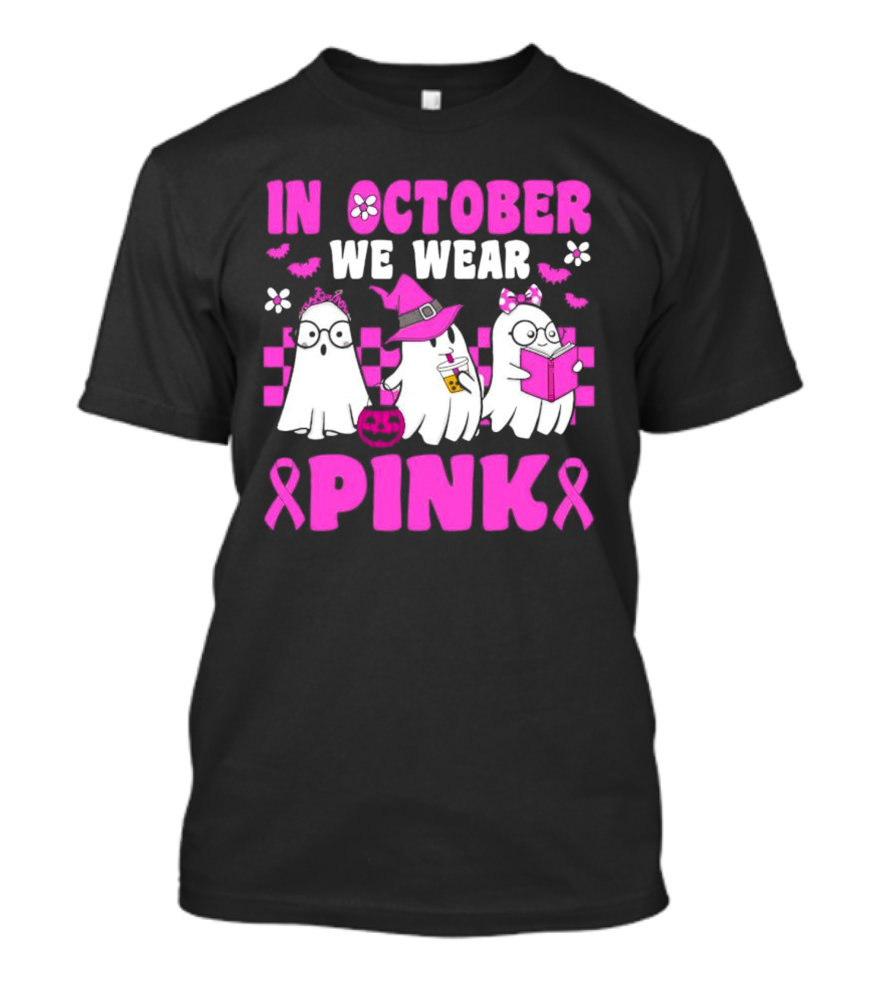 In October We Wear Pink Breast Cancer Awareness Groovy Ghosts Halloween T-Shirt