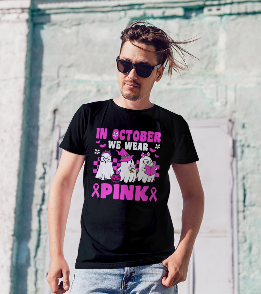 In October We Wear Pink Breast Cancer Awareness Groovy Ghosts Halloween T-Shirt