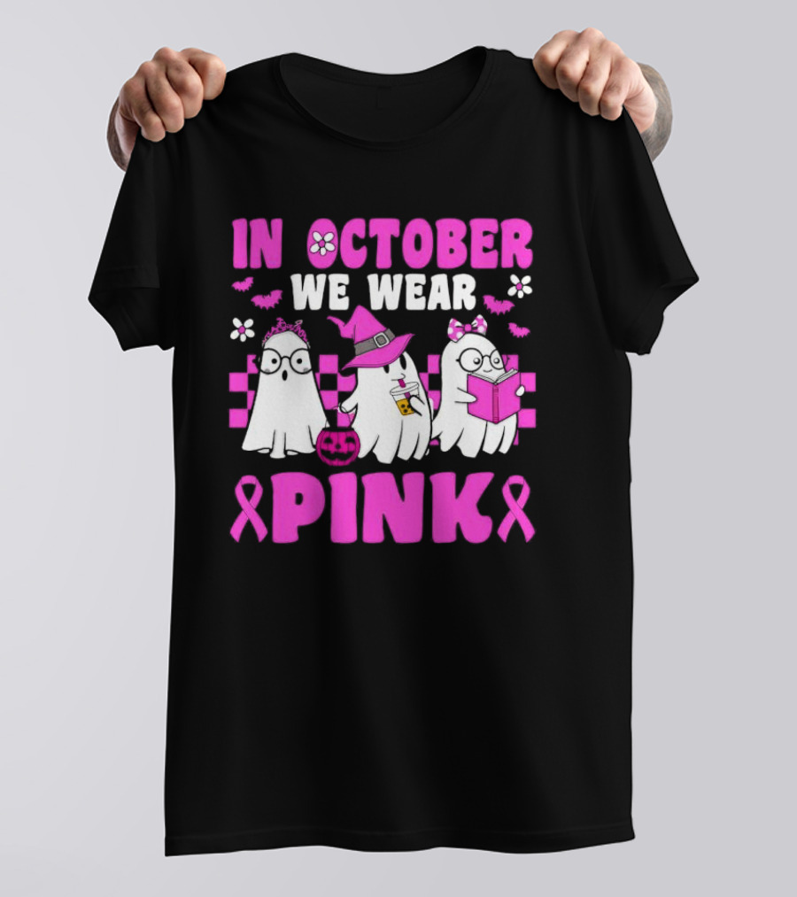In October We Wear Pink Breast Cancer Awareness Groovy Ghosts Halloween T-Shirt